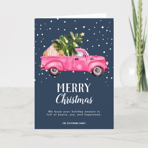 Vintage pink red truck Christmas tree navy photo Holiday Card