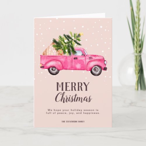 Vintage pink red truck Christmas tree pink photo Holiday Card