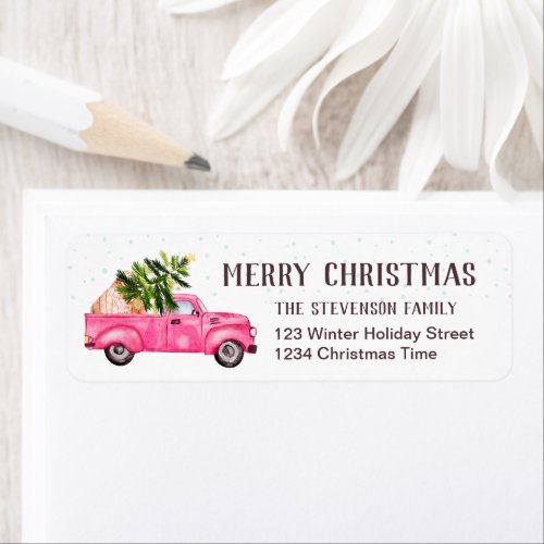 Vintage pink red truck Christmas tree white merry Label