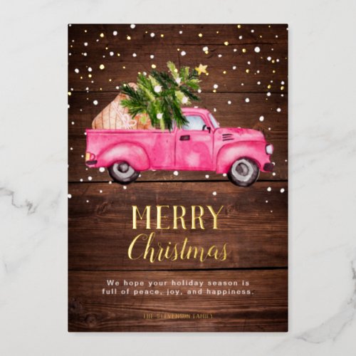 Vintage pink red truck Christmas tree wood Merry Foil Holiday Card