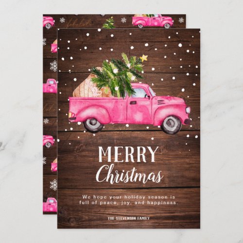 Vintage pink red truck Christmas tree wood Merry Holiday Card