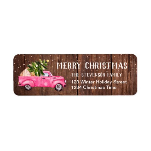 Vintage pink red truck Christmas tree wood merry  Label