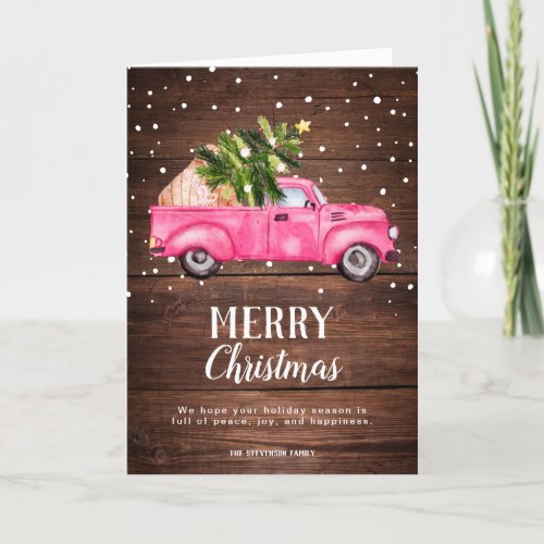 Vintage pink red truck Christmas tree wood photo Holiday Card