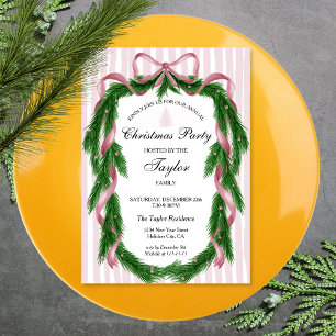 Vintage Pink Ribbon Wreath Christmas Dinner Party Invitation