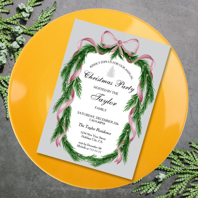 Vintage Pink Ribbon Wreath Christmas Dinner Party Invitation (Creator Uploaded)