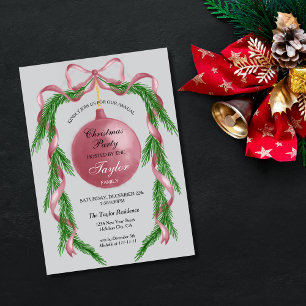 Vintage Pink Ribbon Wreath Christmas Dinner Party Invitation