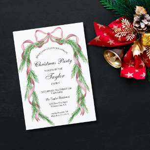 Vintage Pink Ribbon Wreath Christmas Dinner Party Invitation