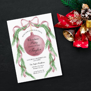 Vintage Pink Ribbon Wreath Christmas Dinner Party Invitation