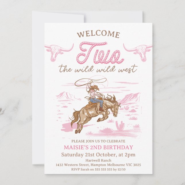Vintage Pink Rodeo Cowgirl Wild West 2nd Birthday Invitation (Front)