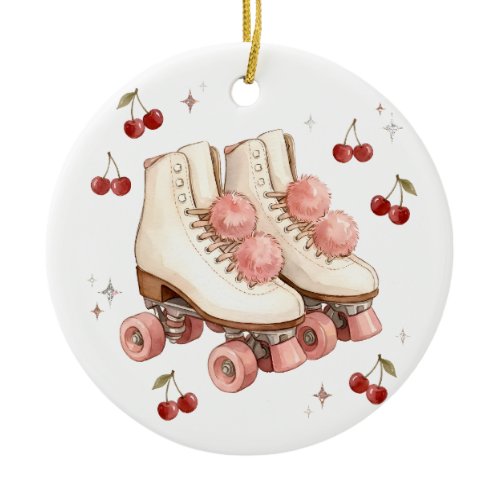 Vintage Pink Roller Skates and Cherries Ceramic Ornament