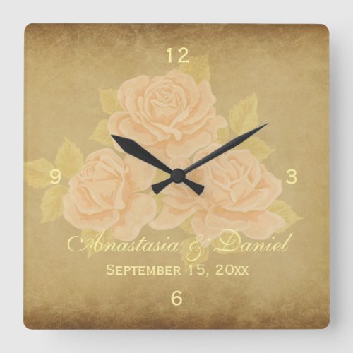 Vintage pink romantic roses with distressed look square wall clock