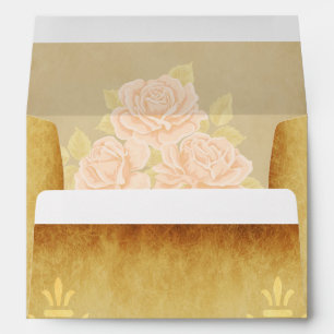 Vintage pink romantic roses with golden fleurdelis envelope
