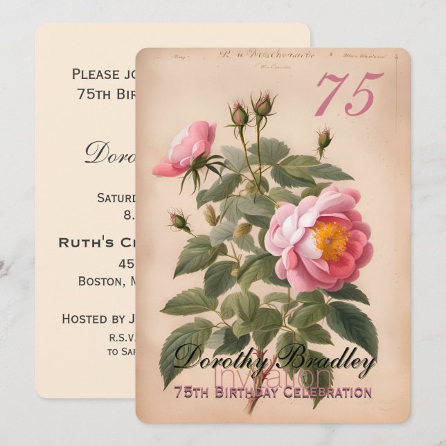Vintage Pink Rose 75th Birthday Celebration 2 Invitation (Front/Back)
