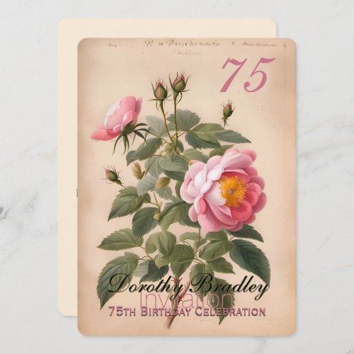 Vintage Pink Rose 75th Birthday Celebration 2 Invitation