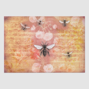 Vintage Pink Rose and Bees Music Decoupage Tissue Paper