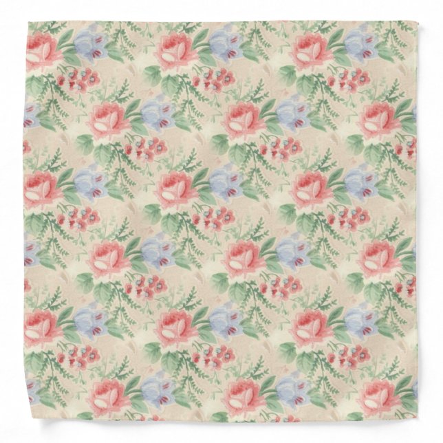Vintage Pink Rose and Blue Flower Pattern Bandana (Front)