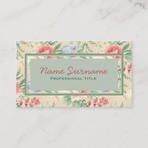 Vintage Pink Rose and Blue Flower Pattern Custom Business Card