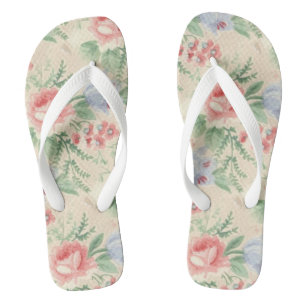 Vintage Pink Rose and Blue Flower Pattern Flip Flops