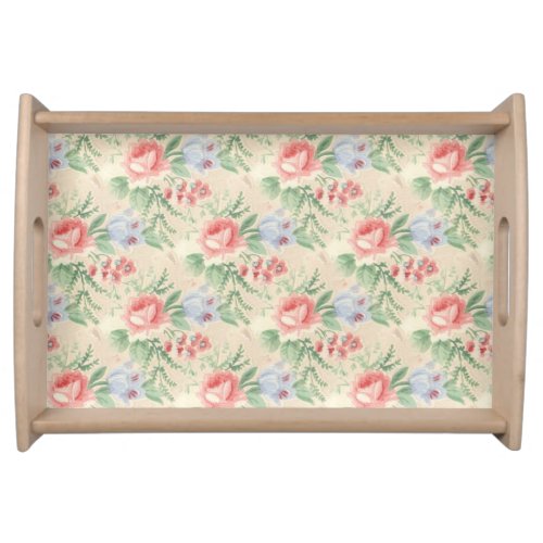 Vintage Pink Rose and Blue Flower Pattern Serving Tray