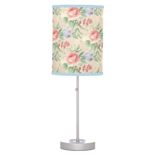 Vintage Pink Rose and Blue Flower Pattern Table Lamp