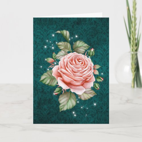 Vintage Pink Rose and Elegant Teal Thinking of You Card