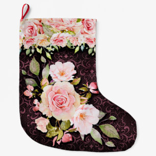 Vintage pink rose and lace large christmas stocking