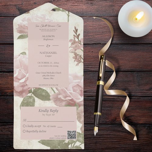 Vintage Pink Rose Background QR Code All In One Invitation