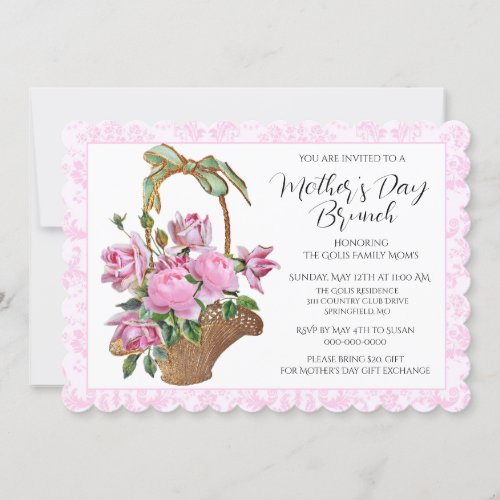 Vintage Pink Rose Basket Mothers Day Brunch  Invitation