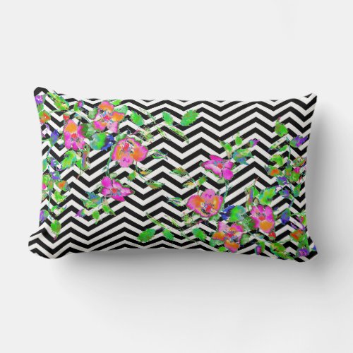 Vintage Pink Rose _ black and white chevron Lumbar Pillow