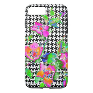 Vintage Pink Rose - black and white hounds-tooth iPhone 8 Plus/7 Plus Case