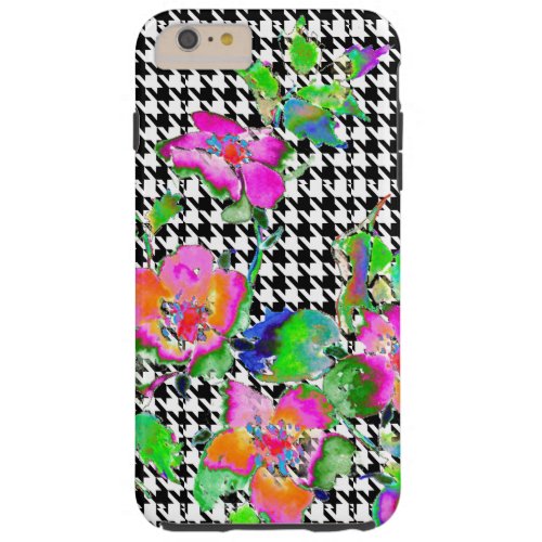 Vintage Pink Rose _  black and white hounds_tooth Tough iPhone 6 Plus Case