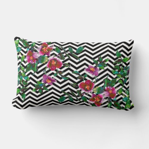 Vintage Pink Rose _  black and white hounds_tooth Lumbar Pillow