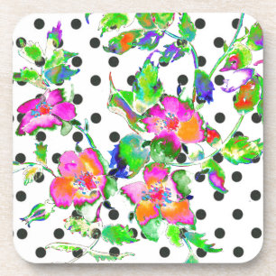 Vintage Pink Rose -black and white polka-dots Beverage Coaster