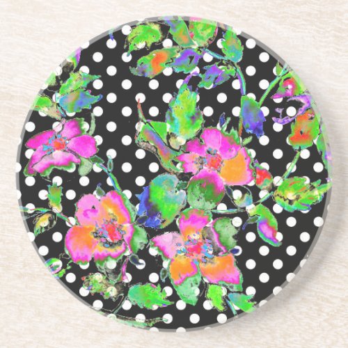 Vintage Pink Rose black and white polka_dots Drink Coaster