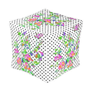 Vintage Pink Rose black and white polka-dots Pouf