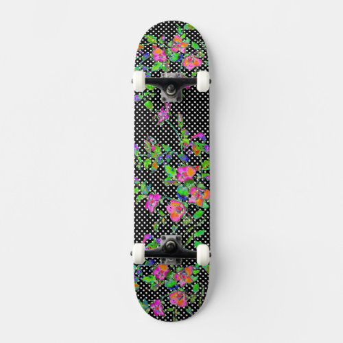 Vintage pink rose _ black and white polka_dots skateboard