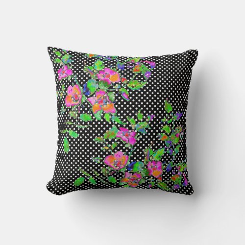 Vintage Pink Rose _ black and white polka_dots Throw Pillow