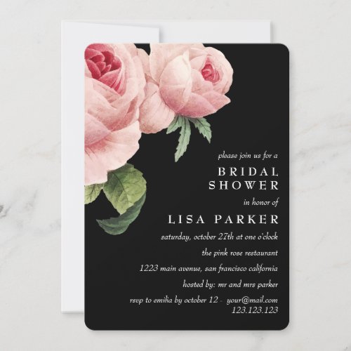 Vintage Pink Rose Black  Bridal Shower Wedding Invitation