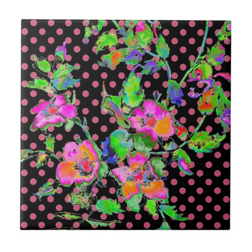 Vintage Pink Rose blackpink polka_dots Tile