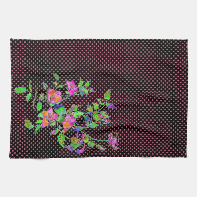 Vintage Pink Rose black/pink polka-dots Towel (Horizontal)