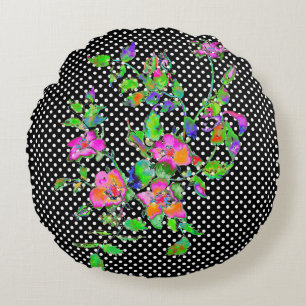 Vintage Pink Rose black/white polka-dots Round Pillow
