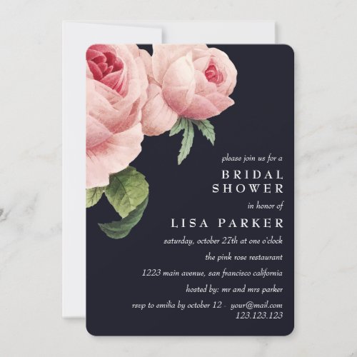 Vintage Pink Rose Blue Bridal Shower Wedding Invitation