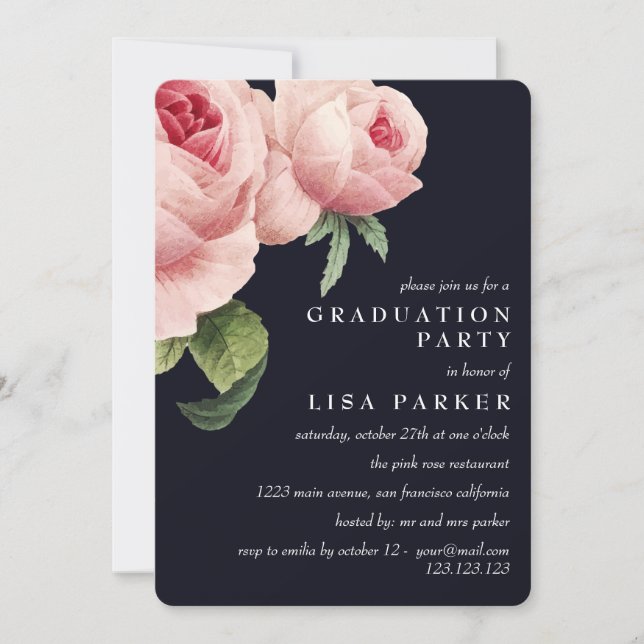 Vintage Pink Rose Blue Graduation party Invitation (Front)