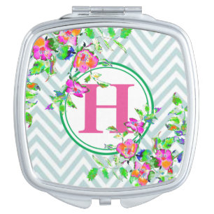 Vintage Pink Rose - blue zig zag -monogrammed Mirror For Makeup