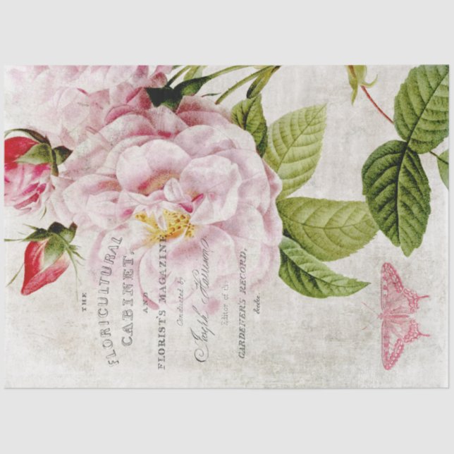 Vintage Pink Rose Botanical Decoupage Tissue Paper (Front)