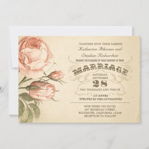 vintage pink rose typographic wedding invitation