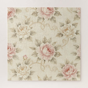 Vintage Pink Rose Damask Floral Pattern Jigsaw Puzzle
