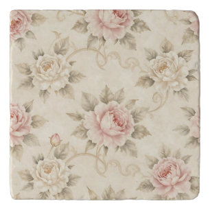 Vintage Pink Rose Damask Floral Pattern Trivet