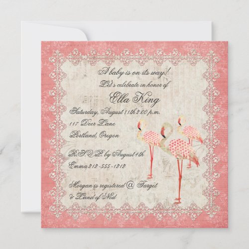 Vintage Pink Rose Flamingos Baby Invitation