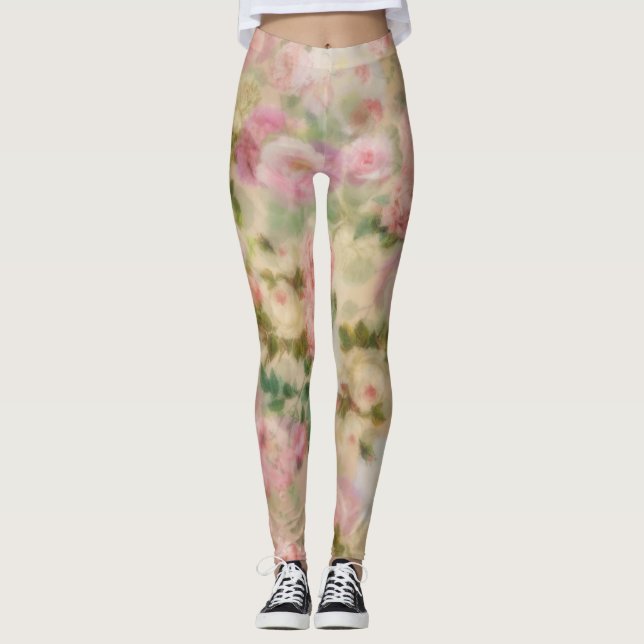 Vintage Pink Rose Floral Leggings (Front)